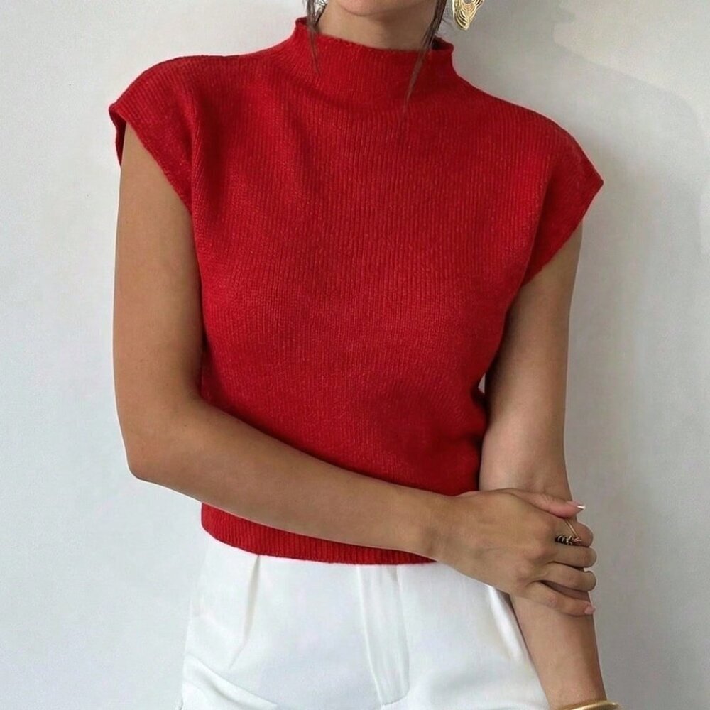 Red Casual Elegant Women's High Neck Knit Sleeveless Sweater Vest - Picture 5 of 7